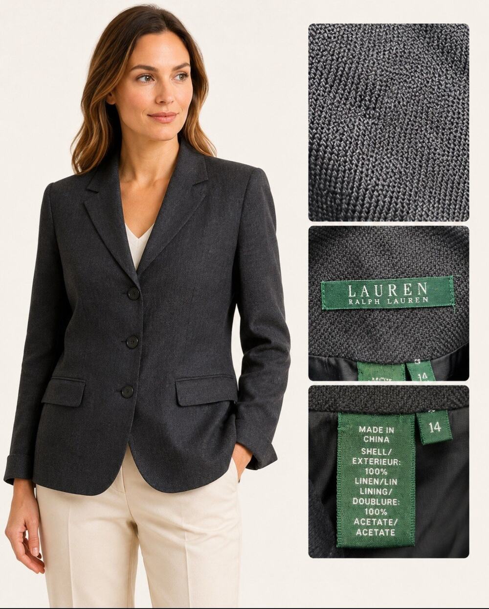 Vintage 90s Old Money Lauren Ralph Lauren Fitted Blazer Size 14 Linen Charcoal